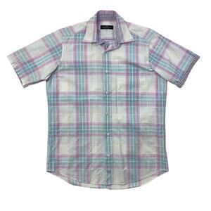 Bugatchi Uomo Shirt Mens S Small Pink Blue Plaid Cotton Flip Cuff Short Sleeve